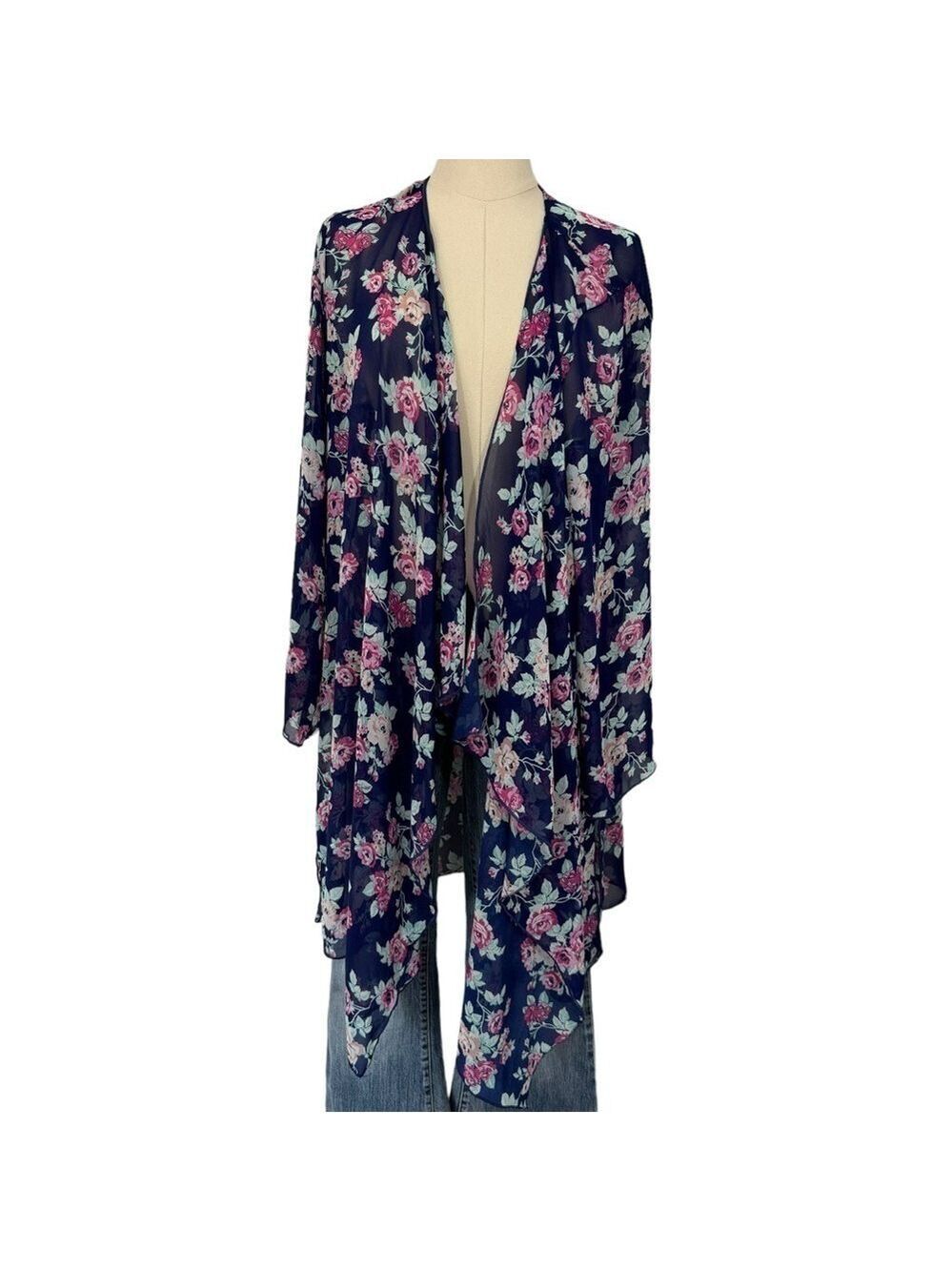Bellina Floral Kimono Topper Sz XL Navy Pink Long Sleeve Feminine Pretty EUC